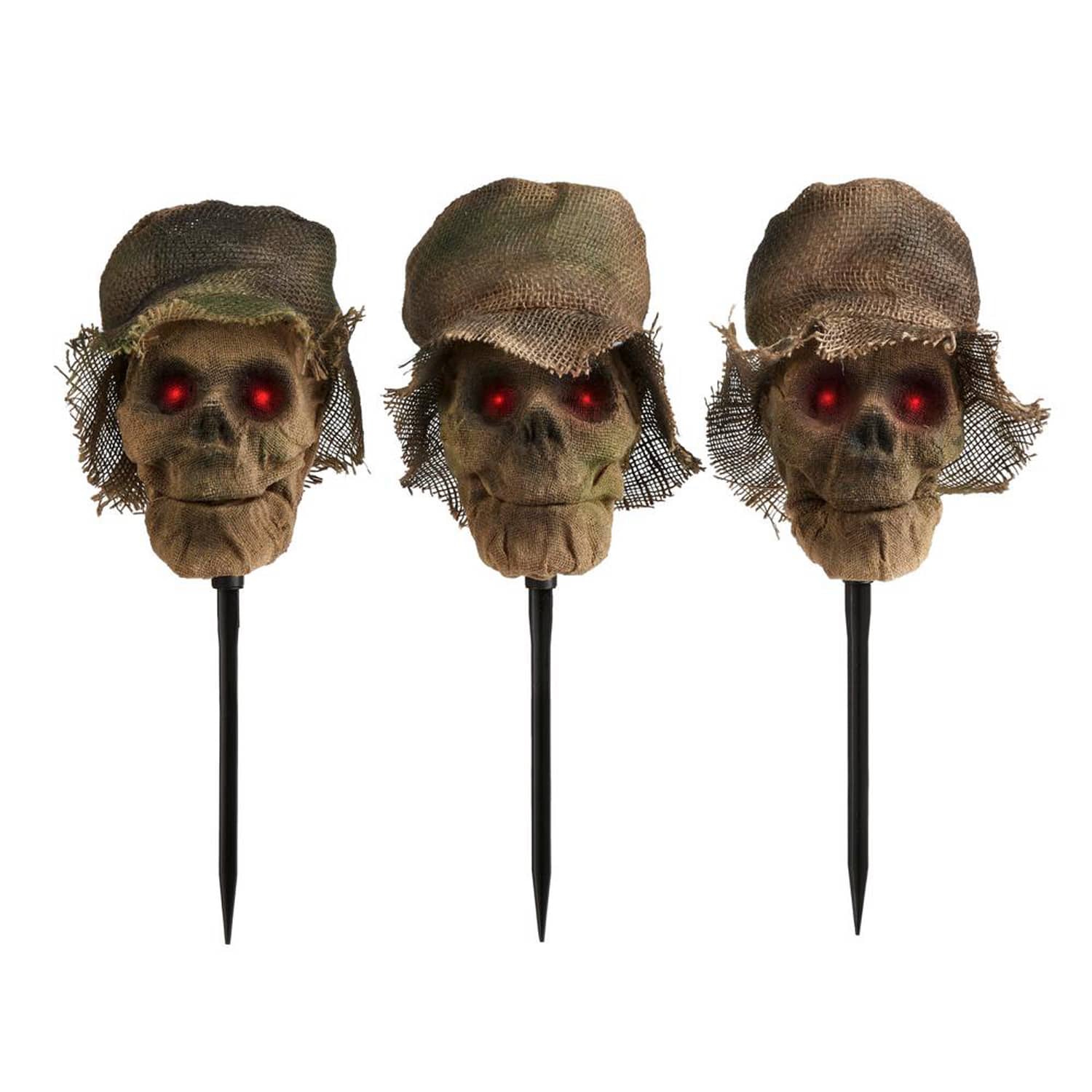 Set of 3 HollyHOME Halloween Skull Pathway Markers with Light Up Eyes and Sound Effects Skull Prop Outdoor Decoration with Yard Stakes