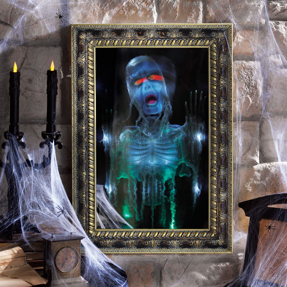 Touch Magic Mirror Dookey Halloween Speaking Mirror Door Bell Decorations Activated Scary Haunted House Mirror with Sound-Luminous Skull Props