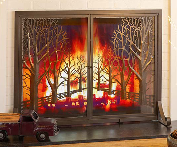 3D Tree-Lined Country Road / Raging Forest Fire Fireplace Screen