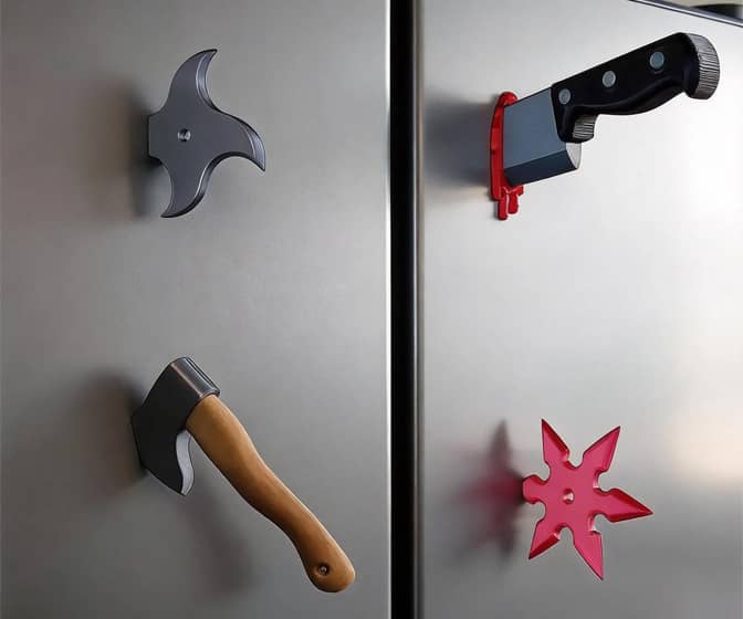 3D Weapon Fridge Magnets - Bloody Knife, Axe, and Ninja Shurikens