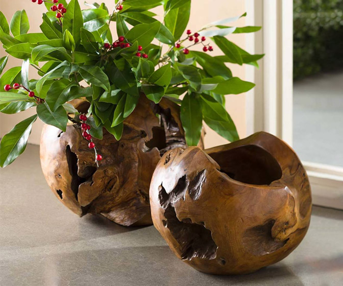 Distressed Teak Wood Spherical Planters / Display Bowls