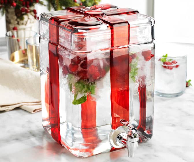 Festive Red Ribbon Gift Box Glass Drink Dispenser / Candy Jar Festive Red Ribbon Gift Box Glass Drink Dispenser / Candy Jar