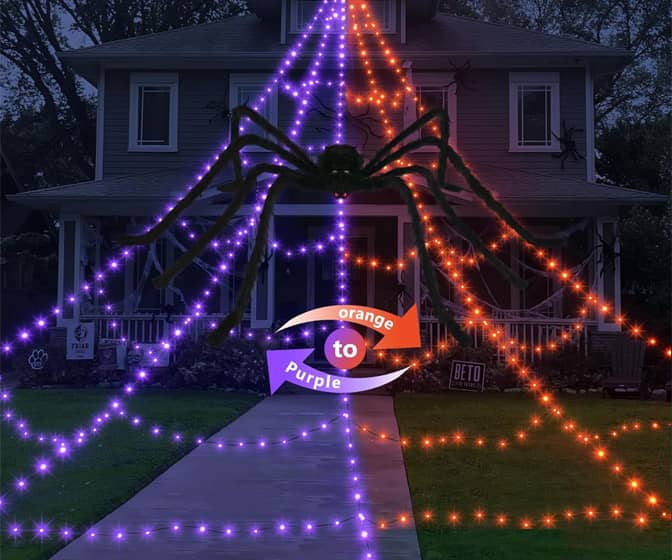 Giant LED-Illuminated Purple / Orange Spider Web Decoration - 11 Modes