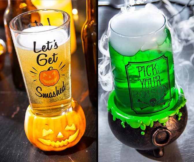 Halloween Beer Glasses With LED Pumpkin or Witch Cauldron Coasters