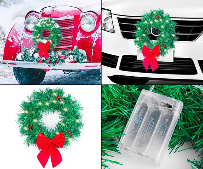 LED Illuminated Vehicle Christmas Wreath - Battery-Powered