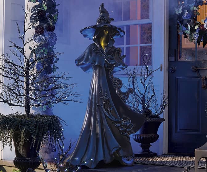 Life-Sized Faceless Wicked Witch Ghost Statue with Glowing Inner Fire
