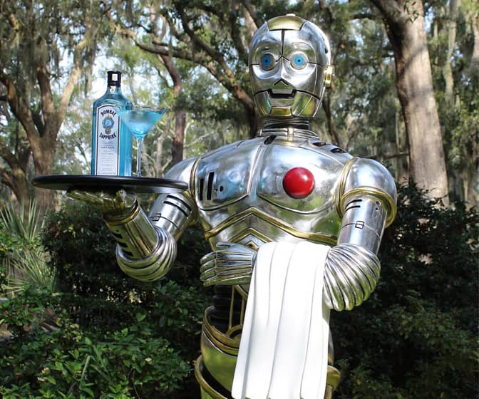 Life-Sized Silver Robot Butler Statue with Serving Tray