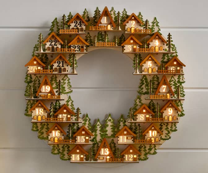 Lit Wooden Cottages Advent Calendar Wreath
