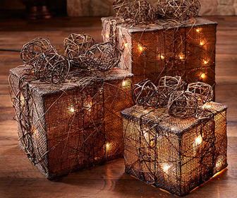 Natural Burlap and Rattan Lighted Gift Boxes
