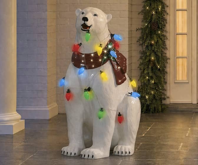 Polar Bear Statue with Festive Christmas Lights and Illuminated Scarf
