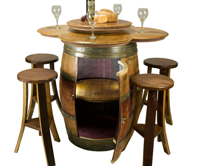 Reclaimed Wine Barrel Table With Lazy Susan, Storage, and Stave Stools