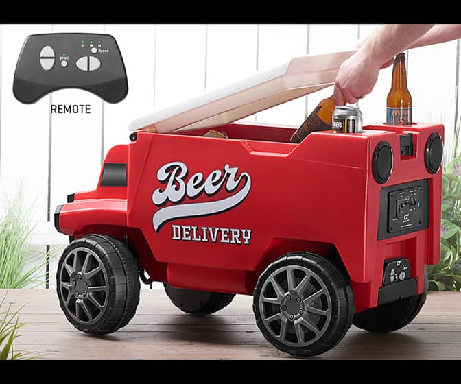 Remote Control Beer Truck Cooler - Bluetooth Speakers, LED Headlights, and Cup Holders