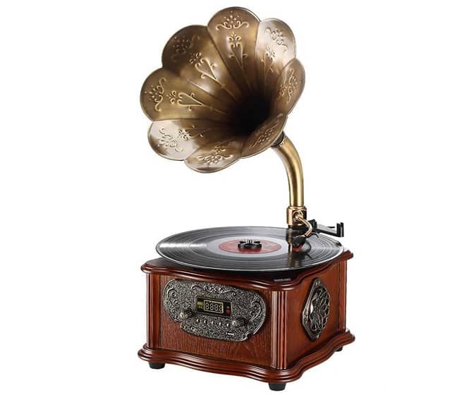 Retro Modern Gramophone Turntable With Copper Horn