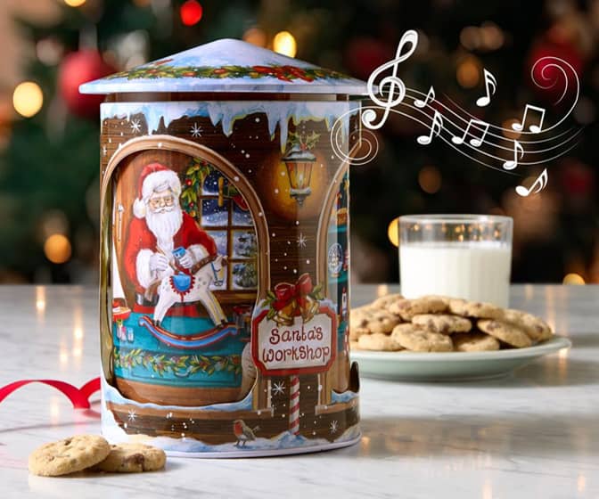 Santa's Workshop Rotating Musical Cookie Tin