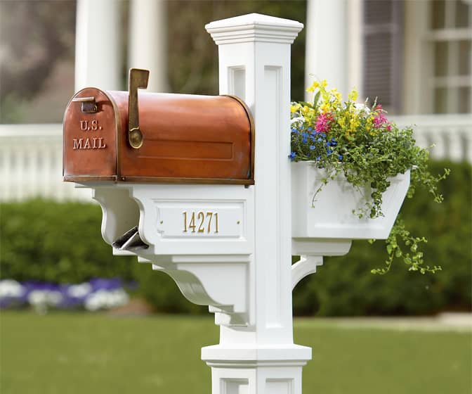 Signature Plus Mail Post With Copper Mailbox, Flower Box, and Newspaper Holder