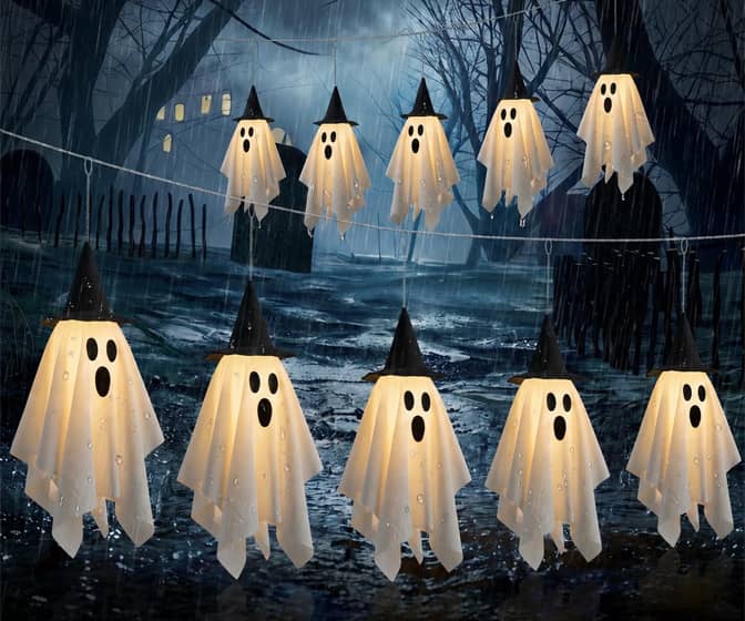 Spooky Bedsheet Ghost String Lights with Witch Hats