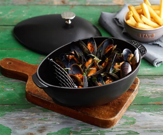 Staub Mussel Pot - Mussel-Shaped Enameled Cast Iron Shellfish Pot