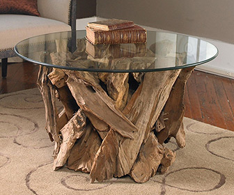 Teak Driftwood Round Glass Coffee Table