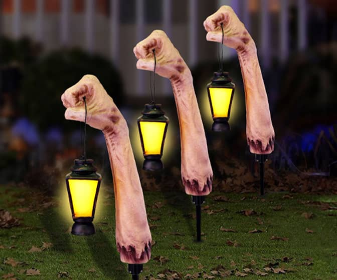 Zombie Arms Holding Lanterns - Spooky LED-Illuminated Pathway Lights