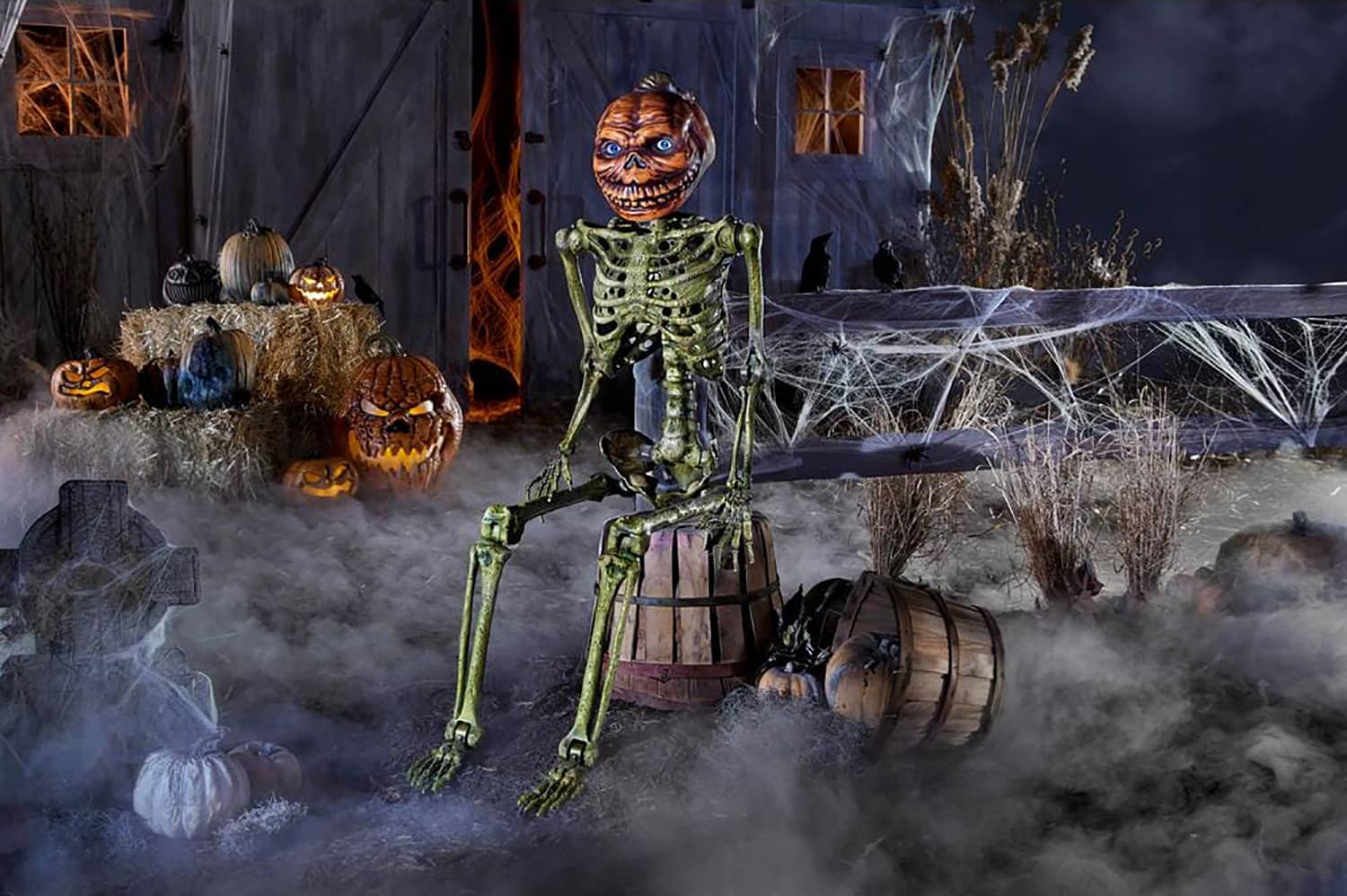 Life-Size Posable Pumpkin Skeleton with LCD LifeEyes | The Green Head