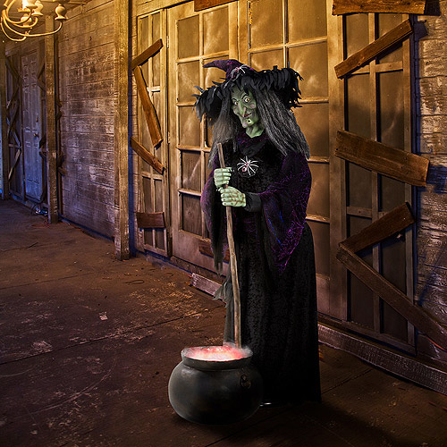 Lifesize Animated Halloween Witch w/ Bubbling Cauldron