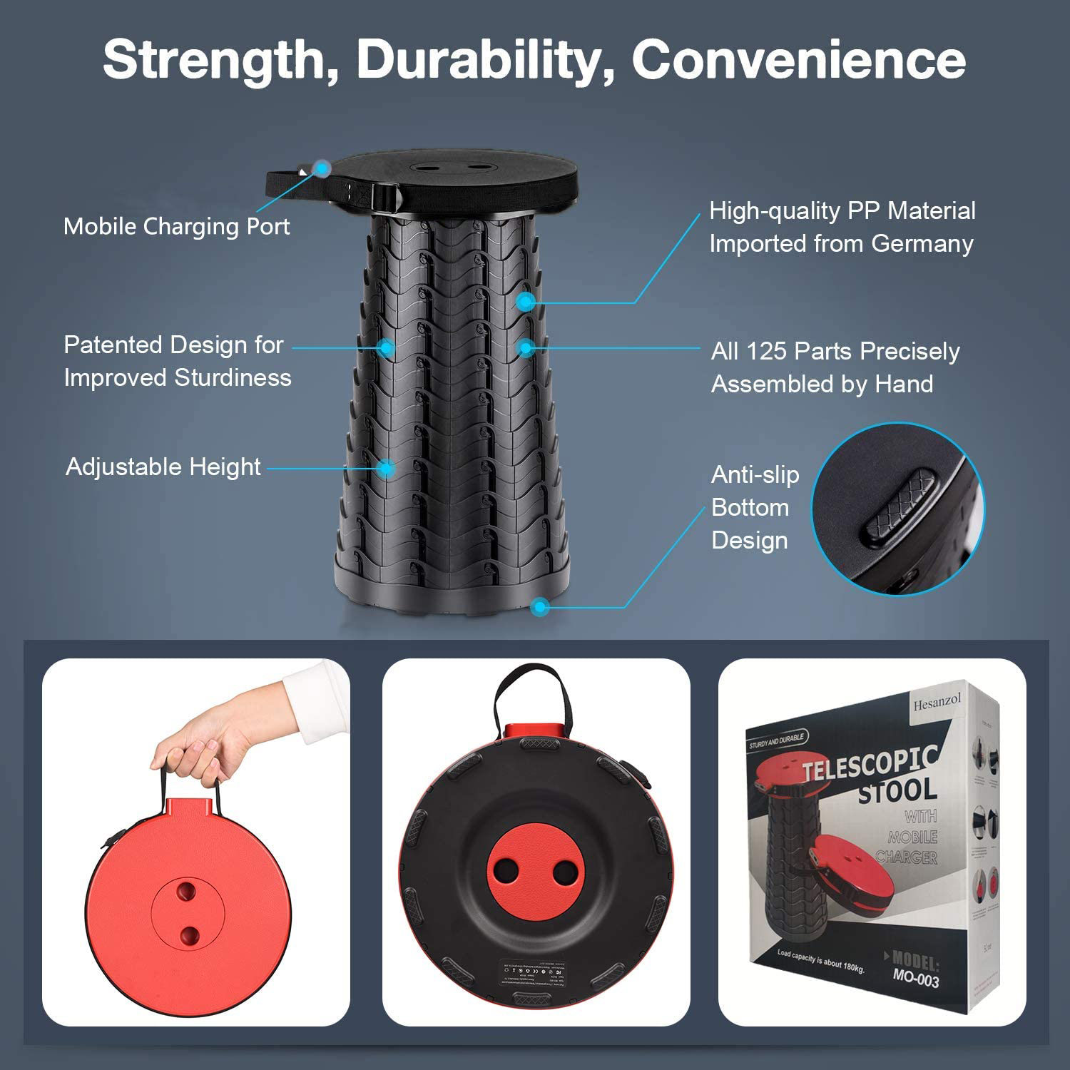 3rd Gen Portable Telescopic Stool with Mobile Charger Indoor Outdoor Camping Retractable Built-in Phone for iPhone Android 400Load Capacity Lightweight Adjustable Stool Free iPhone charger& carabiner 