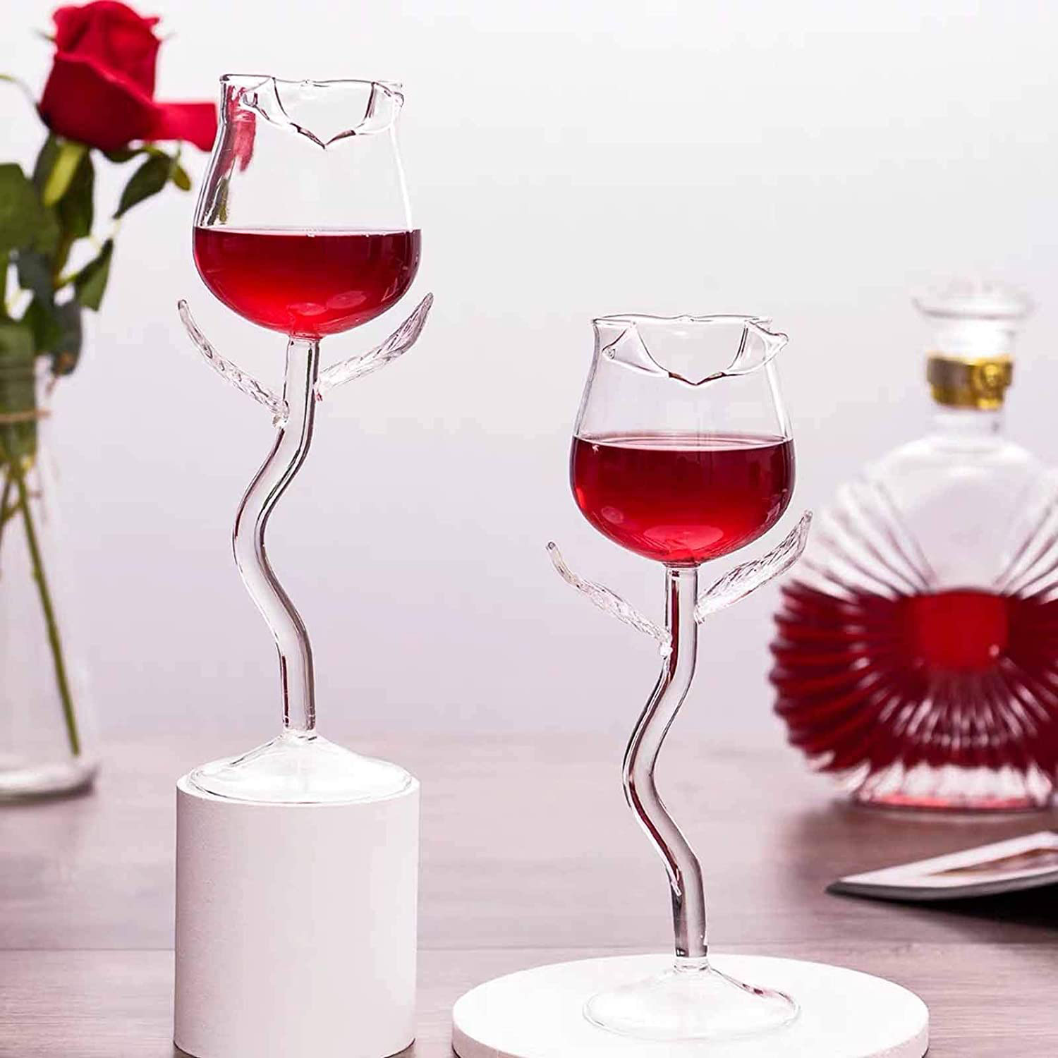 Red Wine Glasses Rose Wine Glass Set,Rose Flower Shape Wine Glass Creatives Rose Flower Goblet Glass for Home Party 