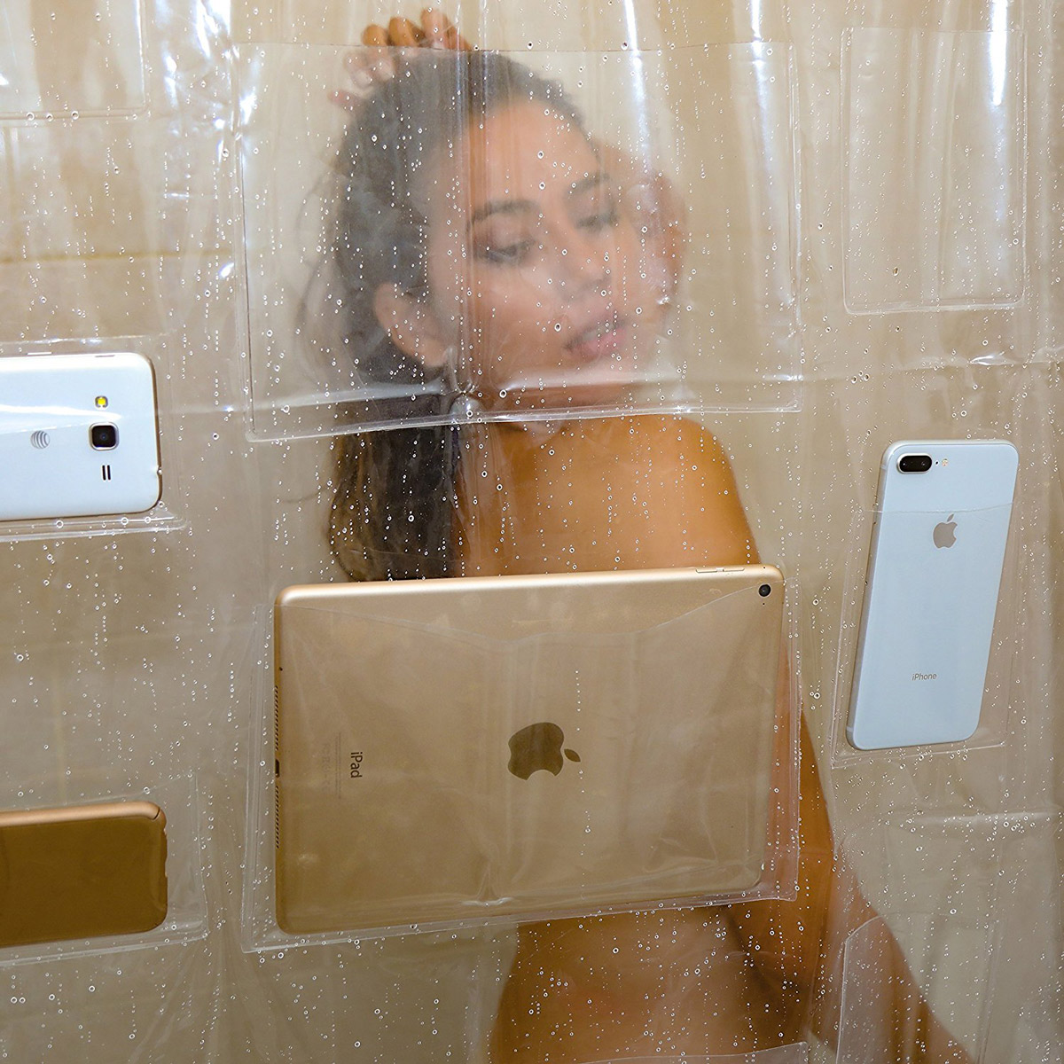 Tablet Holding Clear Shower Curtain Liner, Cell Phone Shower Curtain