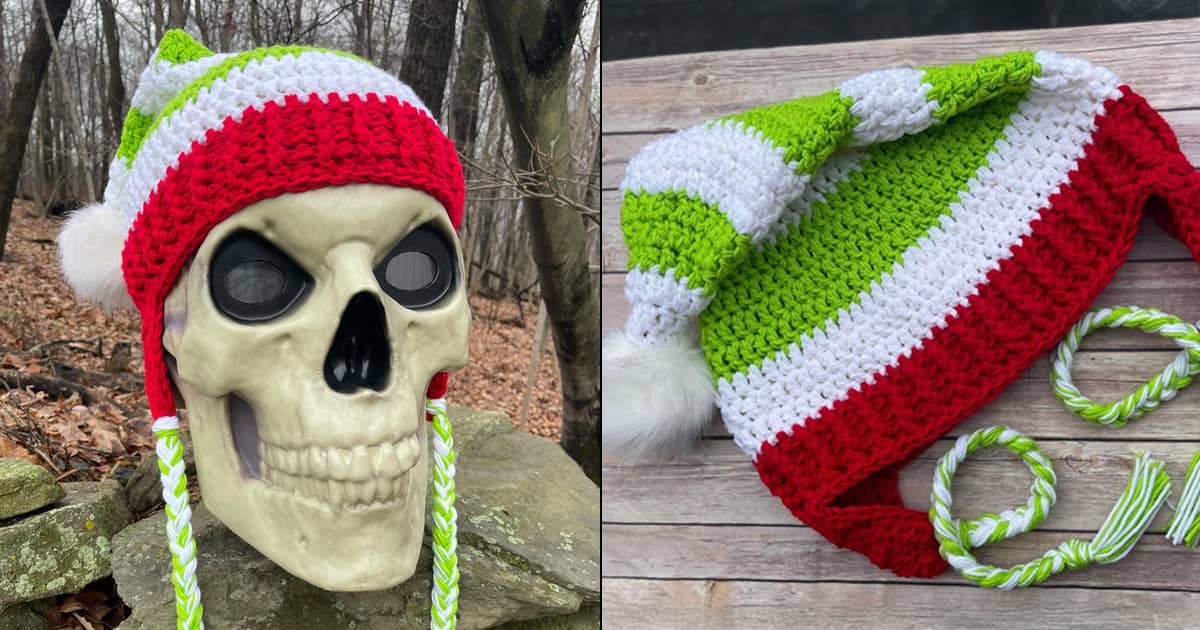 12-Ft Skeleton Gigantic Knitted Winter Pom Pom Beanie Hat With Braids