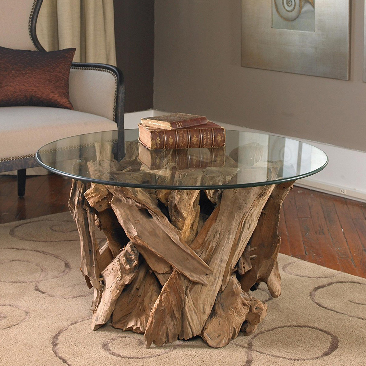 Driftwood Coffee Table Round Glass Furniture Rustic Wooden Side Handmade End