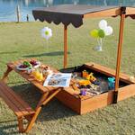 2-in-1 Canopy-Covered Wooden Sandbox with Fold-Out Picnic Table