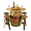 Reclaimed Wine Barrel Table With Lazy Susan, Storage, and Stave Stools
