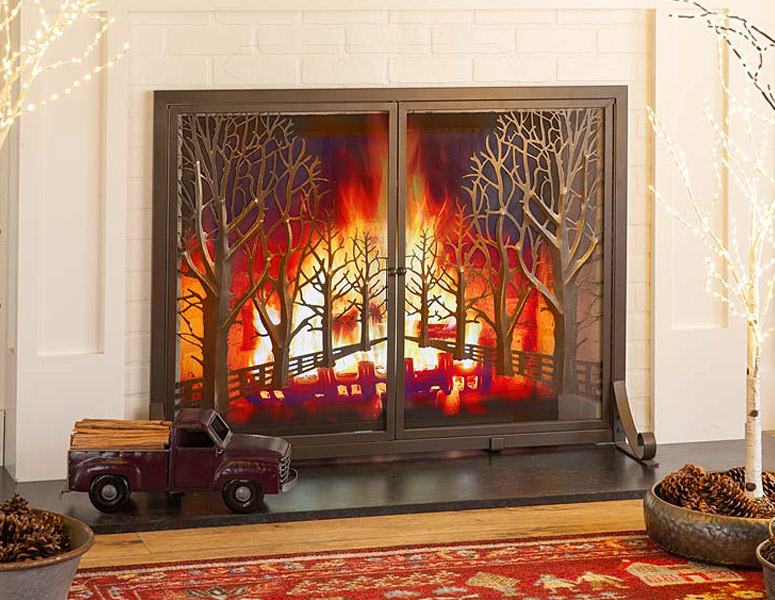 3D Tree-Lined Country Road / Raging Forest Fire Fireplace Screen