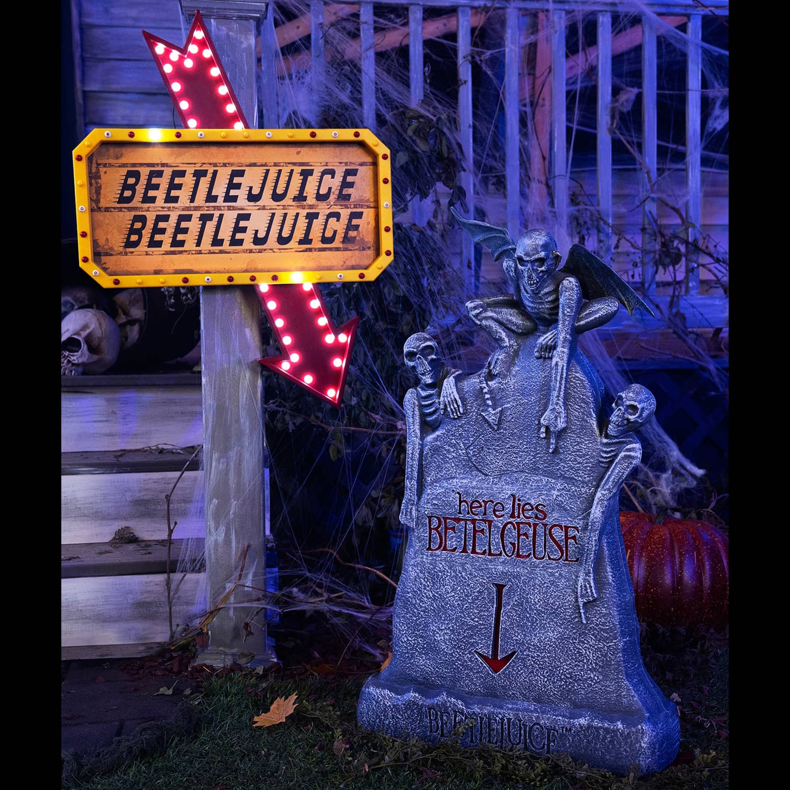 Beetlejuice Light-Up Marquee Sign and Here Lies Beetlejuice Tombstone