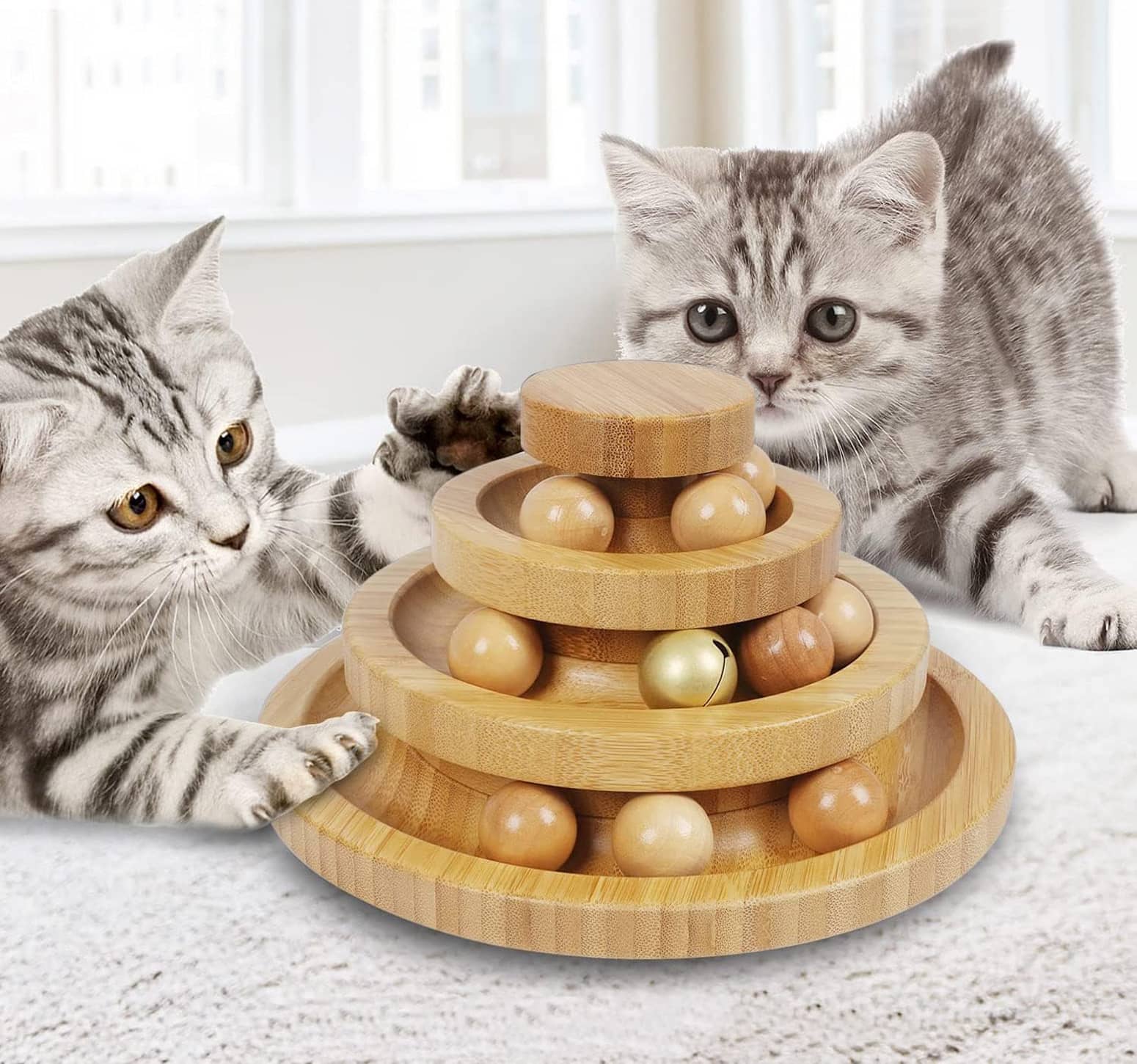 Classy 3-Tiered Wooden Ball Track Tower Cat Toy
