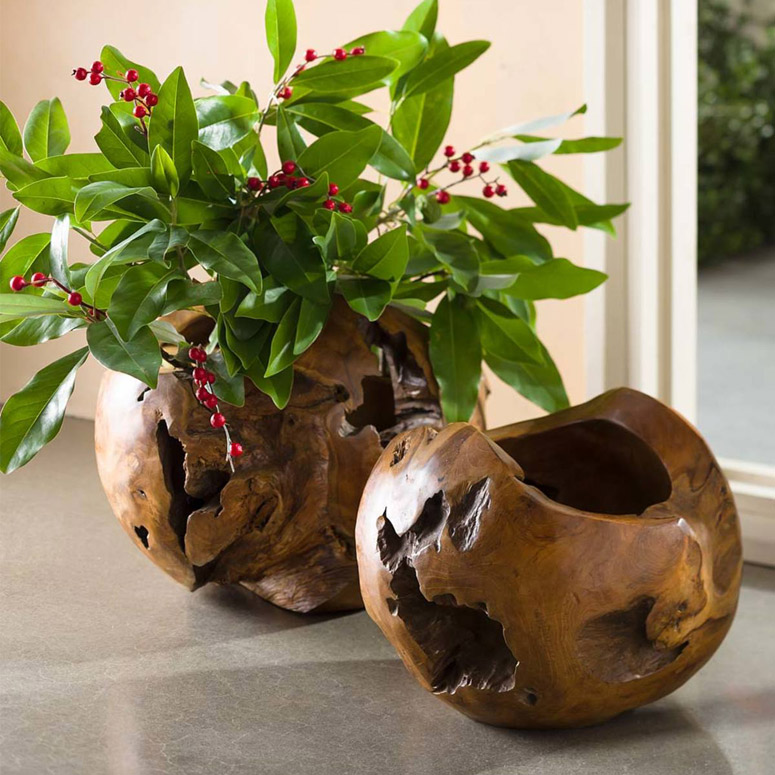 Distressed Teak Wood Spherical Planters / Display Bowls