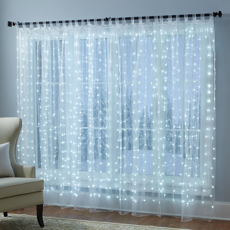 Festive Illuminated Window Sheer Curtains, Sheer Curtains With Lights