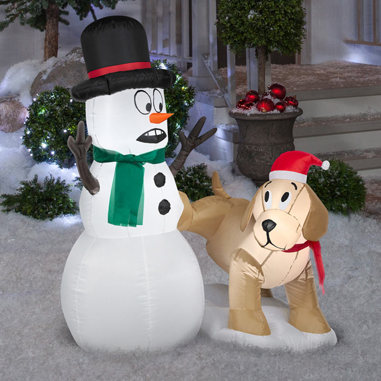 Festive Inflatable Dog Peeing on a Snowman