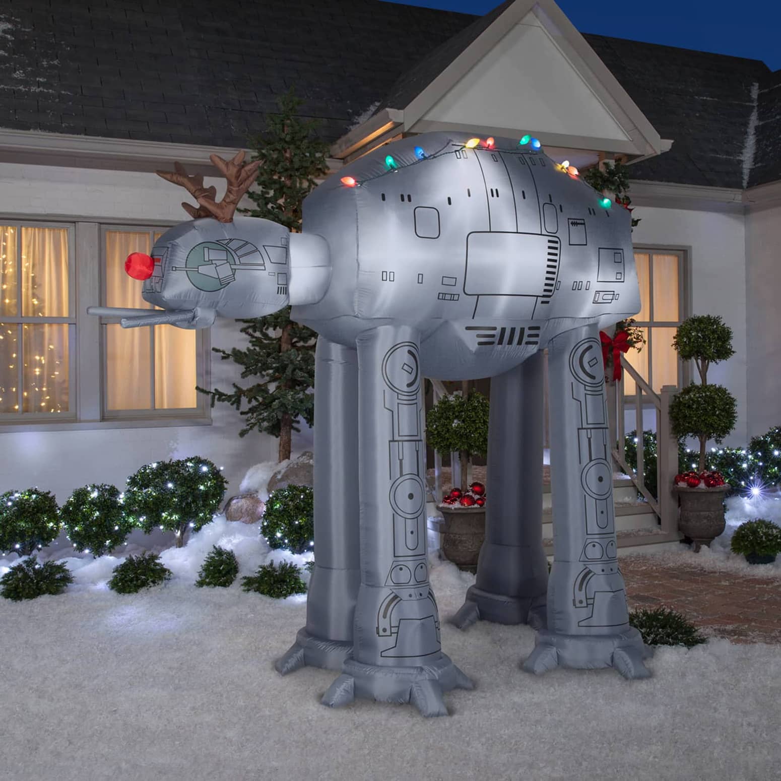 Giant Inflatable Star Wars AT-AT with Reindeer Antlers and Christmas Lights