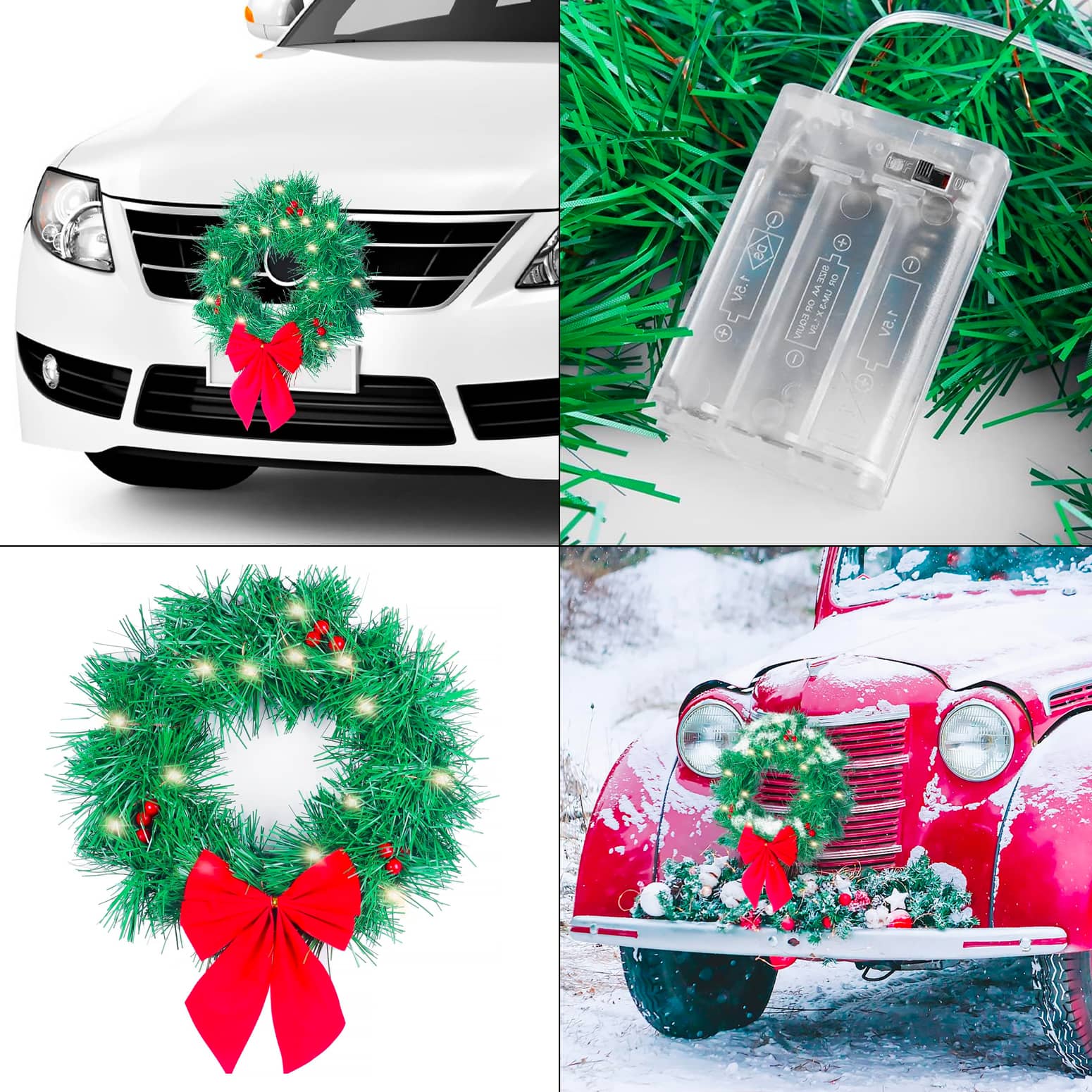 LED Illuminated Vehicle Christmas Wreath - Battery-Powered