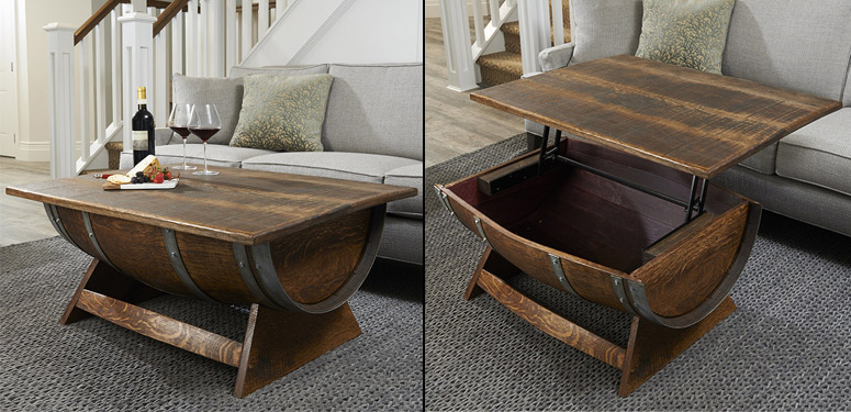 ink island accident Lift-Top Reclaimed Wine Barrel Coffee Table | The Green Head