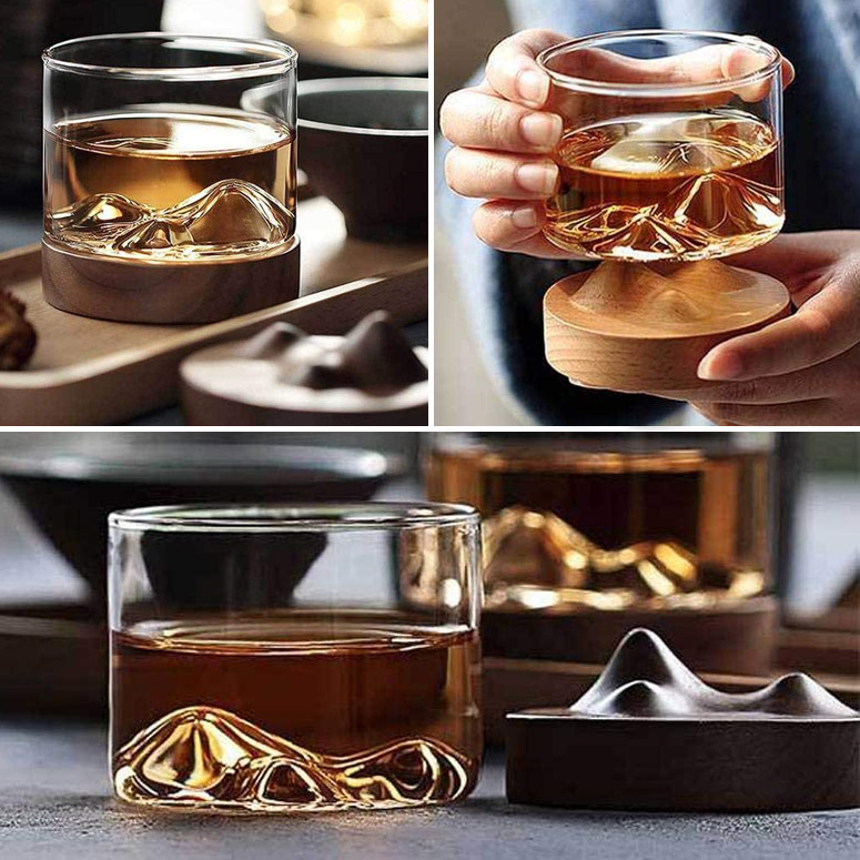 Mountain Peak Whiskey Glass With Wooden Base