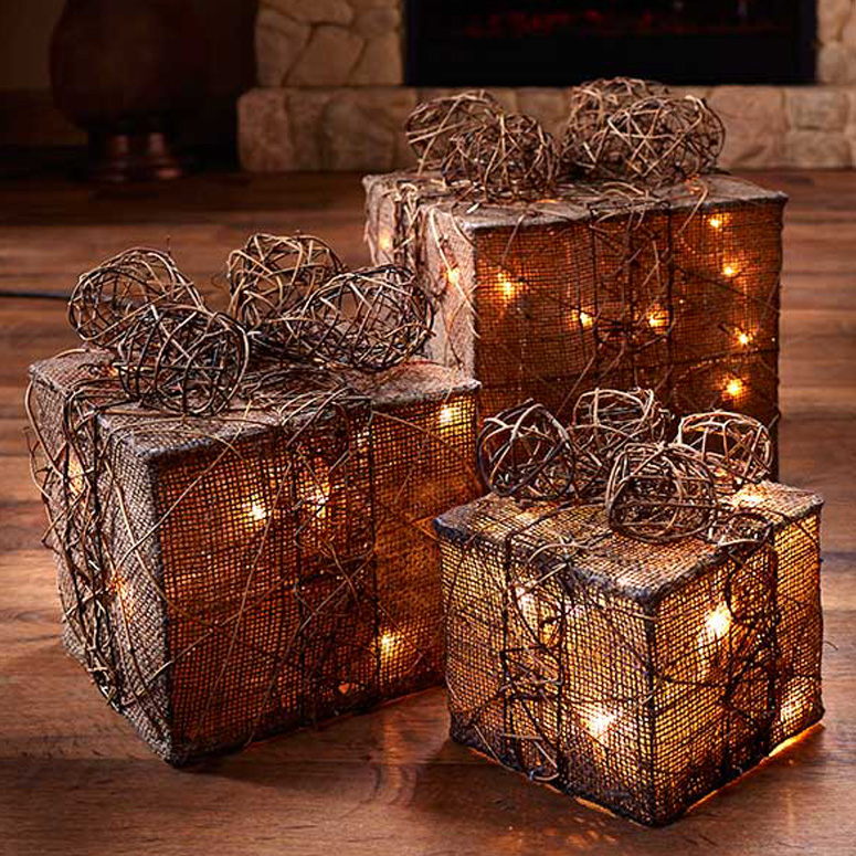 Natural Burlap and Rattan Lighted Gift Boxes
