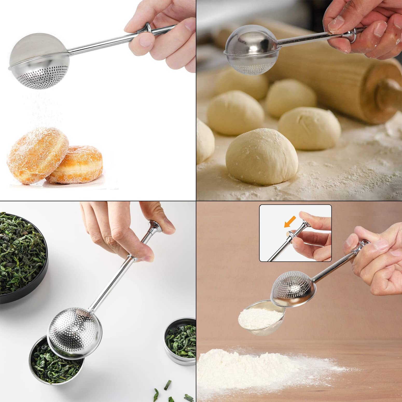 One-Handed Flour Sifter, Sugar Duster, Spice Shaker, and Tea Infuser