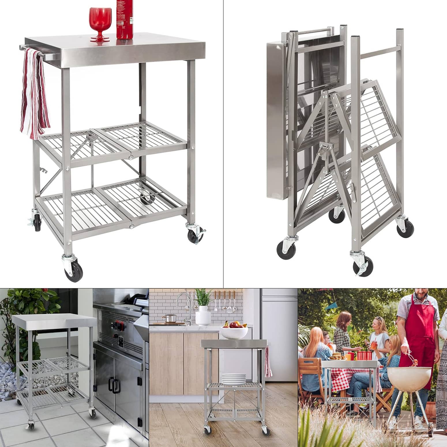 Origami Foldaway Rolling Stainless Steel Kitchen Island Cart