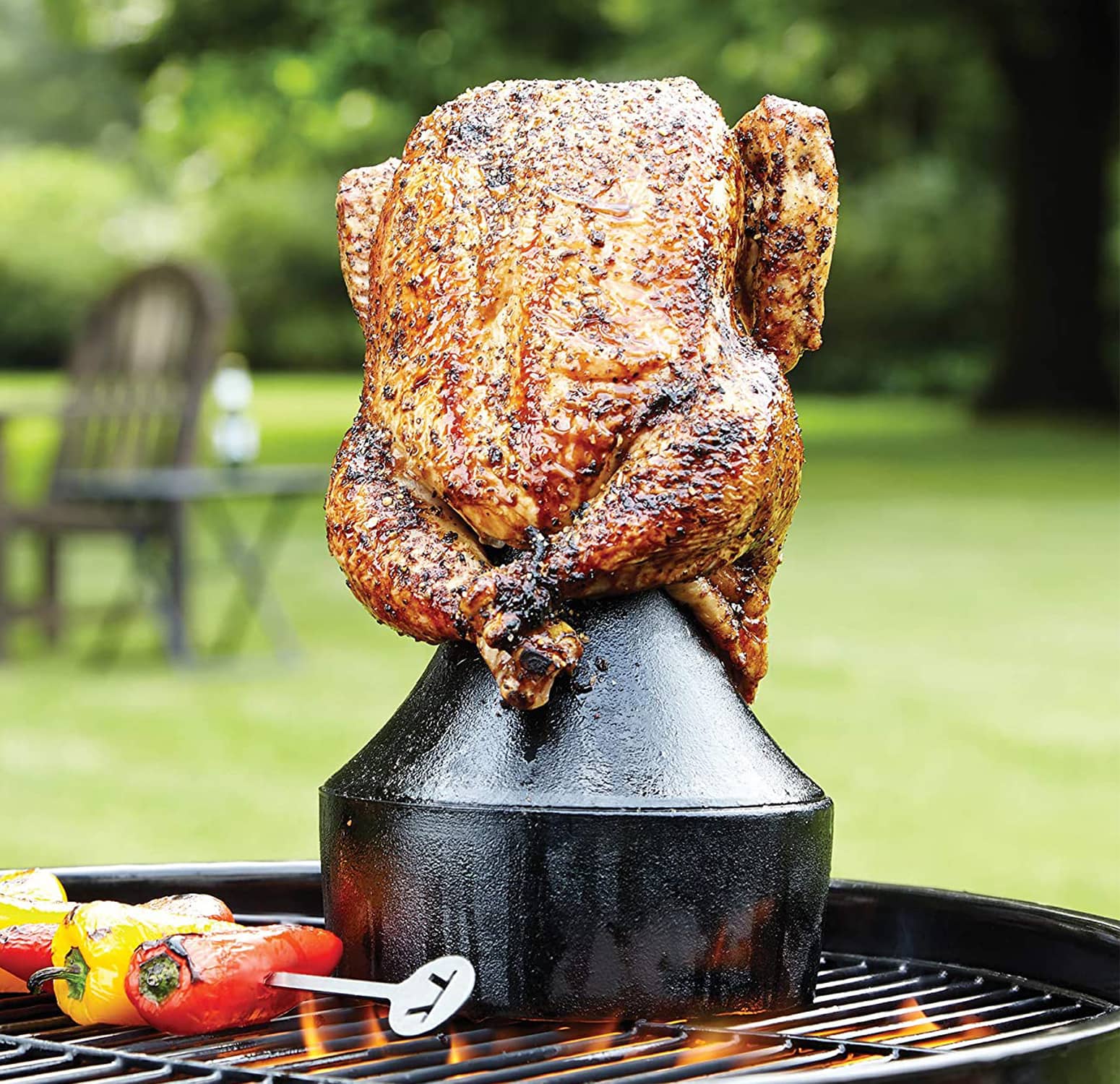 Outset Cast Iron Beer Can Chicken Holder and Garlic Roaster