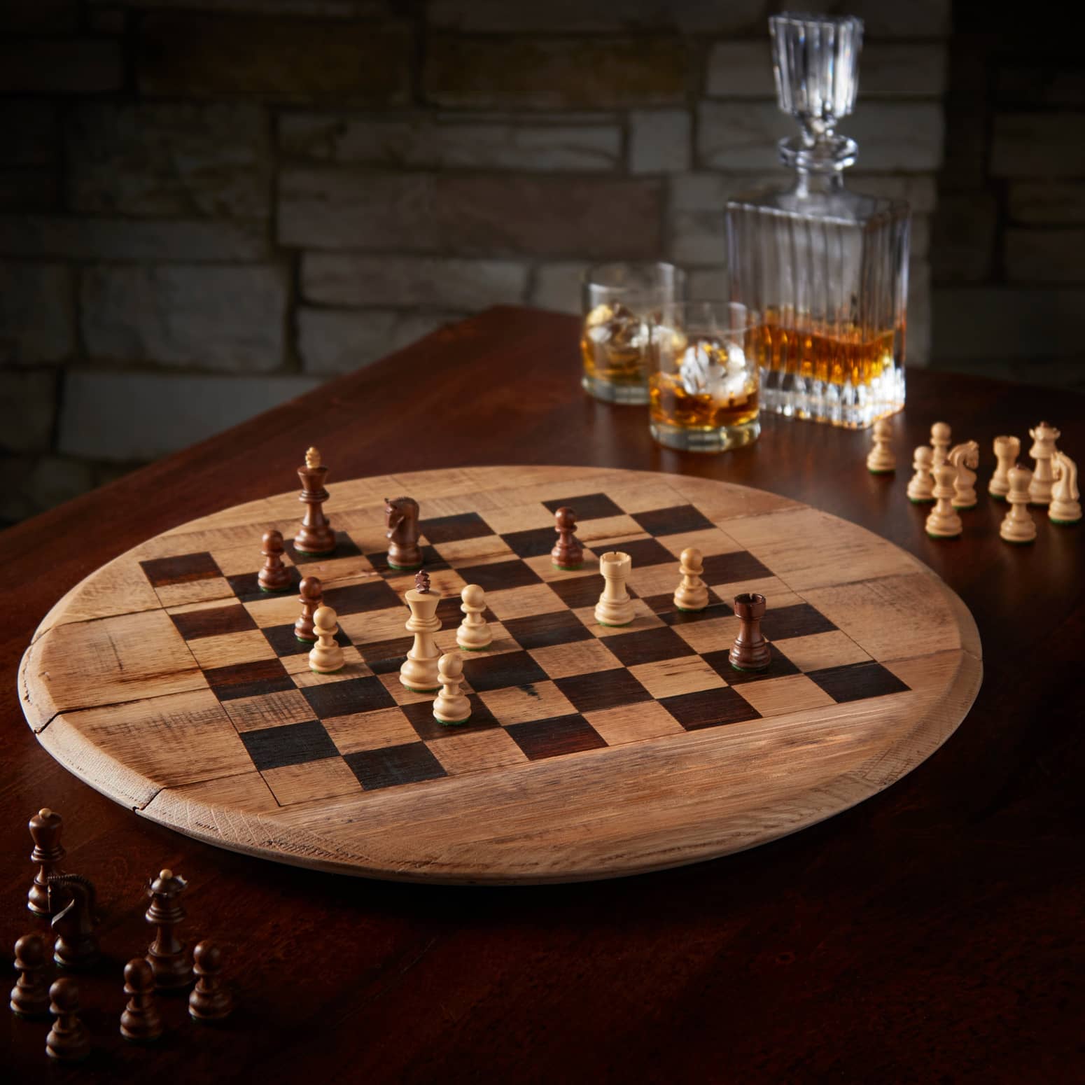 Reclaimed Bourbon Barrel Head Chess Set