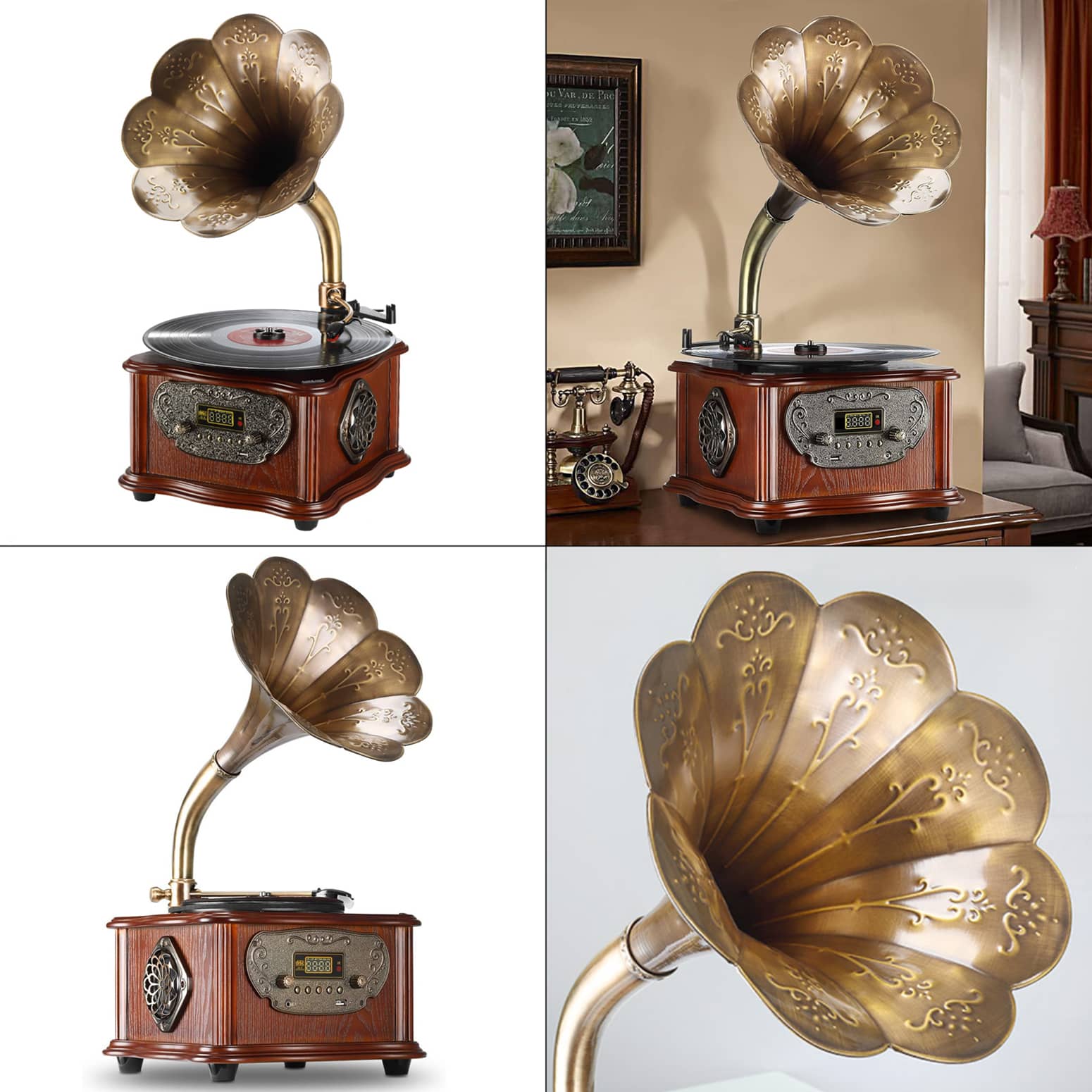 Retro Modern Gramophone Turntable With Copper Horn