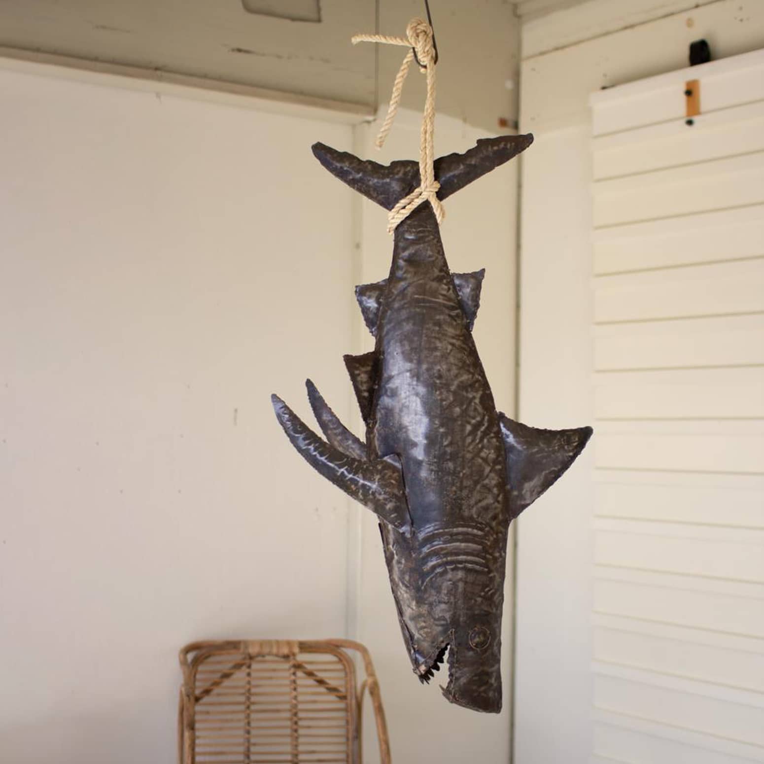 Rustic Hanging Metal Shark Sculpture on a Rope