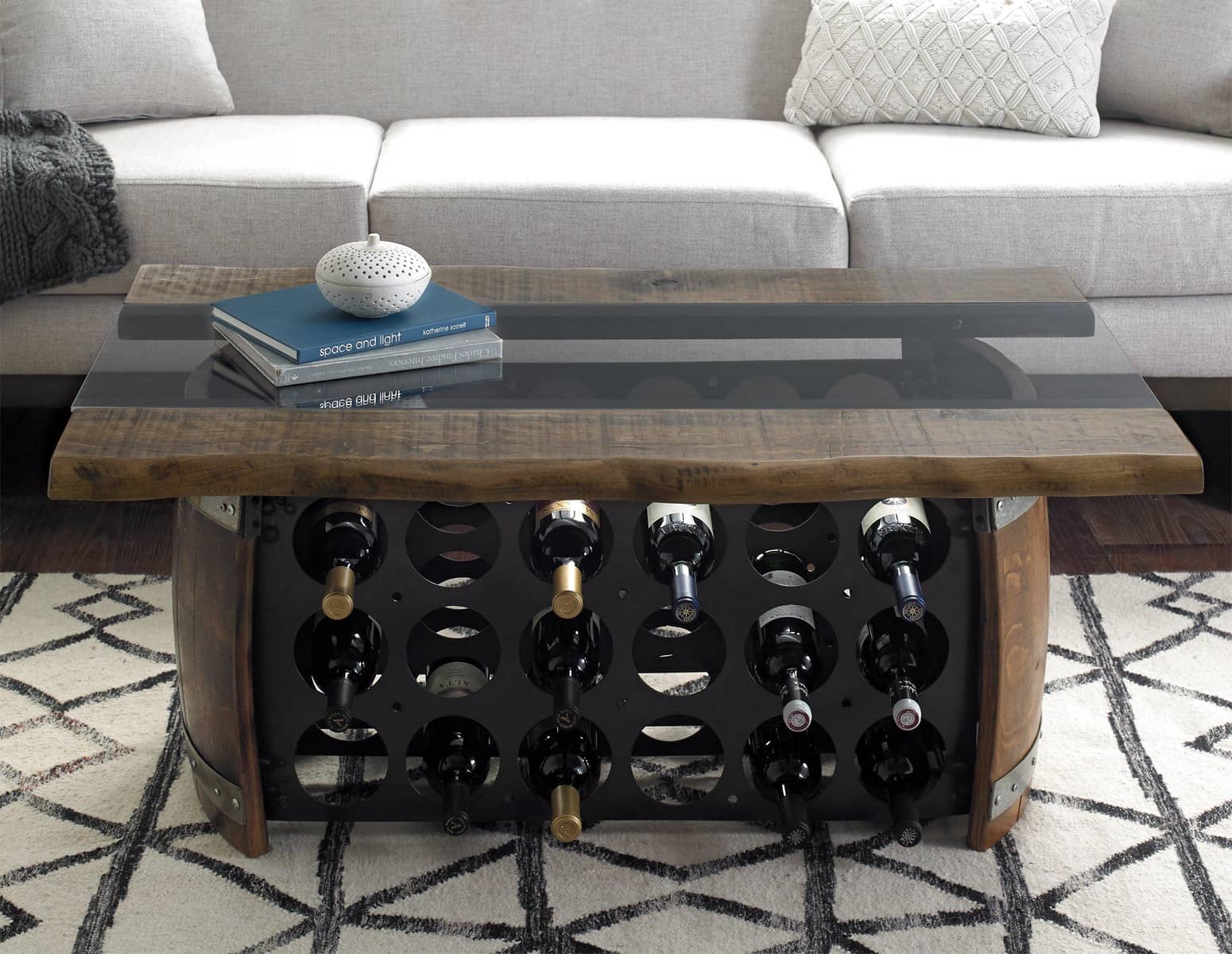 Rustic Wine Barrel Coffee Table With 36 Bottle Rack